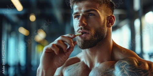 Sportive man taking supplement capsule, eating omega 3 or amino acid multivitamin pill, gym interior
