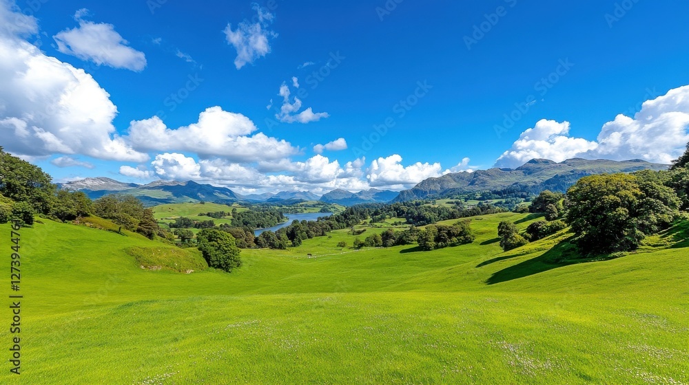 Scenic view of rolling green hills under a bright blue sky with fluffy clouds during the daytime Scenic view of rolling green hills under a bright blue sky with fluffy clouds during the daytime