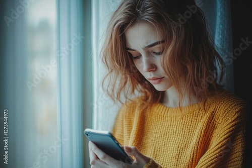 Worried depressed senior woman stand by window look away troubled, holding cellphone in hands, lady lost in sad heavy thoughts