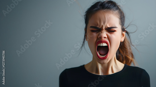 Close-up portrait of aggressive woman with closed eyes and screaming with anger on gray isolated background with copy space. Concept of experiencing negative emotions. photo