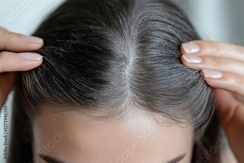 Portrait of a beautiful young woman examining her scalp and hair in front of the mirror, hair roots, color, grey hair, hair loss or dry scalp problem