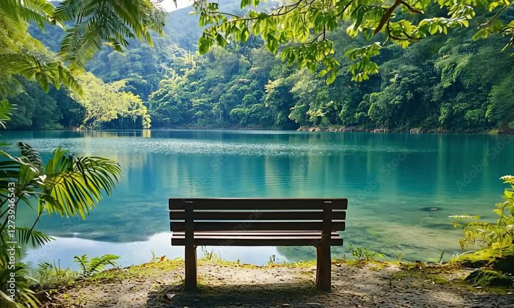 Serene Wooden Bench by Tranquil Turquoise Lake with Lush Green Foliage Serene Wooden Bench by Tranquil Turquoise Lake with Lush Green Foliage