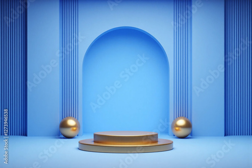 3D rendering stage blue background arch shaped podium metallic material