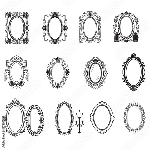 Gothic vintage frame set, vector royal baroque border, dark classic antique ornament, floral oval. Victorian elegant mirror, rococo magic ornate decoration with copy space.