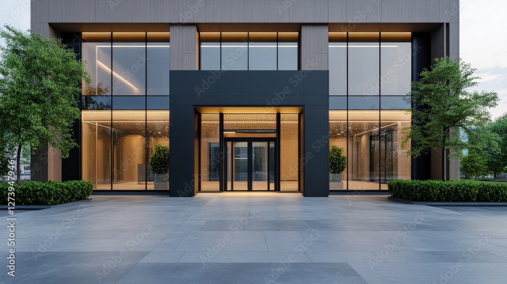 Modern office building entrance with glass facade and landscaping Modern office building entrance with glass facade and landscaping