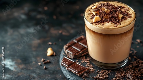 Smudged Roasted Macchiato, Decadent Mocha Latte with Chocolate Shavings on Dark Background