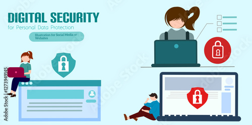 Character using Cyber ​​Security Services to Protect Personal Data. User Authorization, Two Steps Authentication. Idea of ​​digital data protection and safety.Vector illustration.