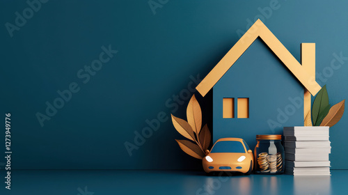 House and car with money stacks symbolize financial security and investment, house and car insurance concepts.