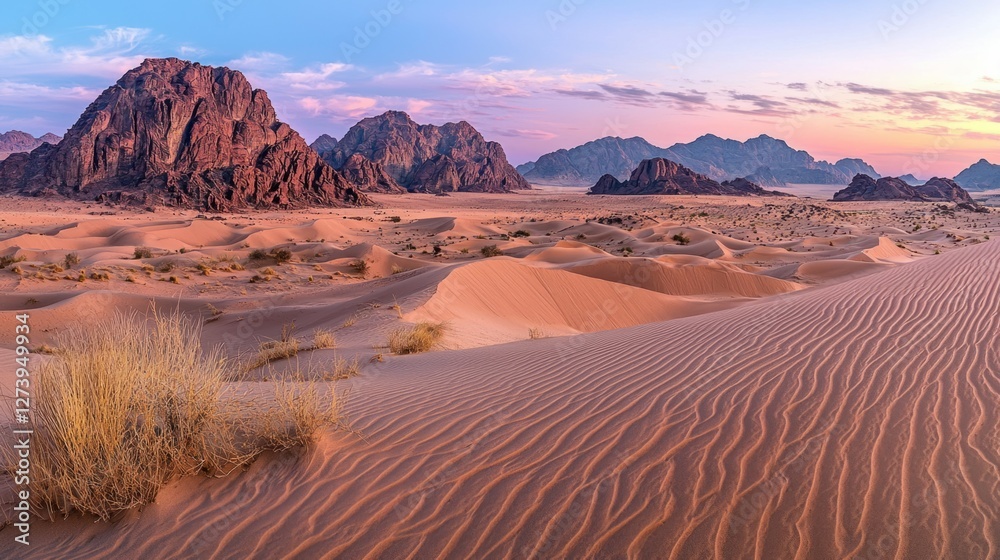 Fototapeta premium Serene Sunset Over Majestic Desert Mountains and Gentle Sand Dunes