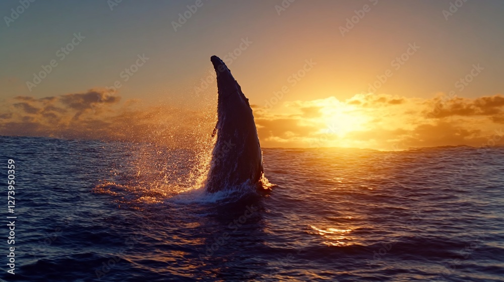 Fototapeta premium Humpback whale breaches at sunset, a majestic marine moment captured