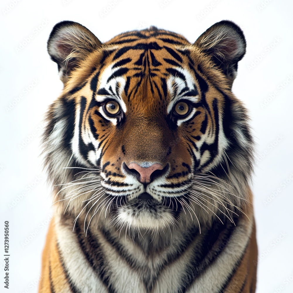 Fototapeta premium Close-up portrait of a majestic Bengal tiger, showcasing its striking orange and black stripes, piercing eyes, and powerful, regal demeanor against a plain backdrop.