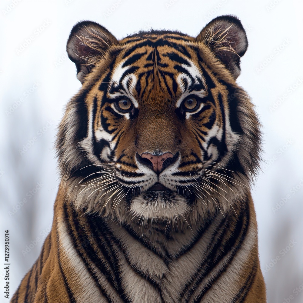 Obraz premium A striking close-up of a Bengal tiger's face, highlighting its intense gaze, intricate black stripes, and the beauty of this endangered species in a natural setting.