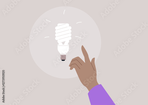 A hand gestures towards a twisted energy-efficient light bulb, symbolizing new ideas and creative thinking while promoting sustainable energy solutions and innovation in daily life