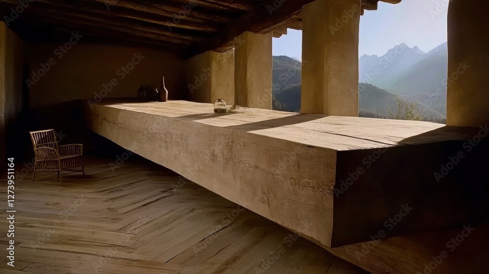 Open Stone Room with View of Distant Mountains and Golden Chair Interior Architecture Open Stone Room with View of Distant Mountains and Golden Chair Interior Architecture