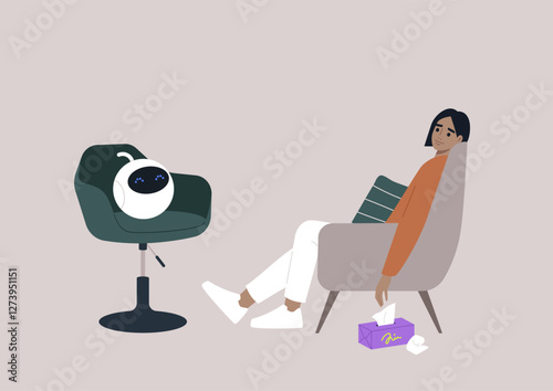 An upset person sits in a cozy chair, engaging in therapy while an AI assistant listens thoughtfully, offering support in a serene environment decorated with soft colors