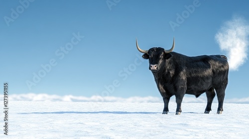 A black bull stands on a snowy landscape under a clear blue sky.