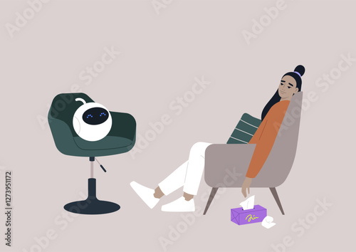 An upset person sits in a cozy chair, engaging in therapy while an AI assistant listens thoughtfully, offering support in a serene environment decorated with soft colors