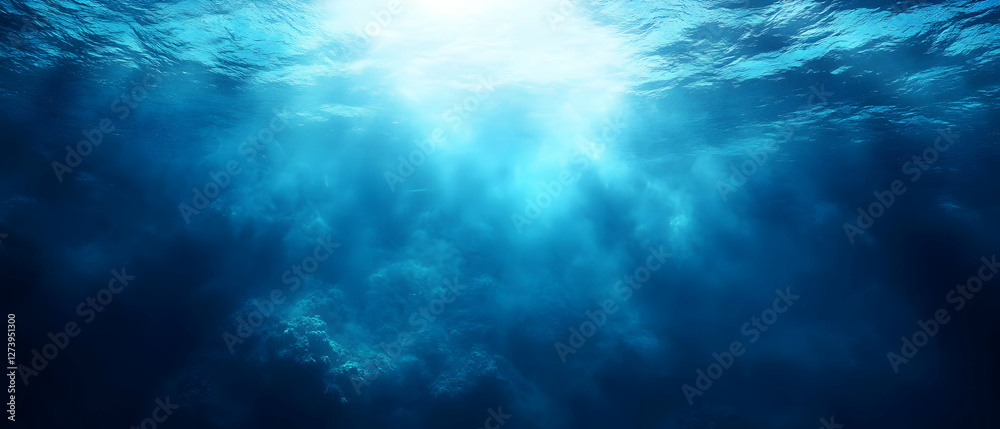 Fototapeta premium Sunbeams in deep ocean; underwater scene