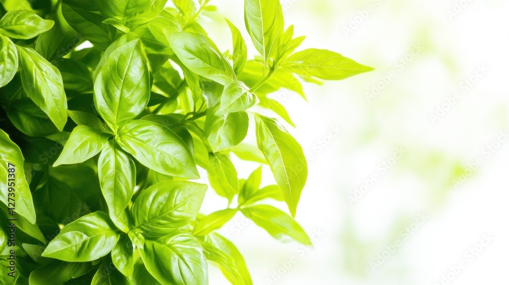 Close up of Vibrant Green Basil Leaves with Natural Light on White Background Close up of Vibrant Green Basil Leaves with Natural Light on White Background