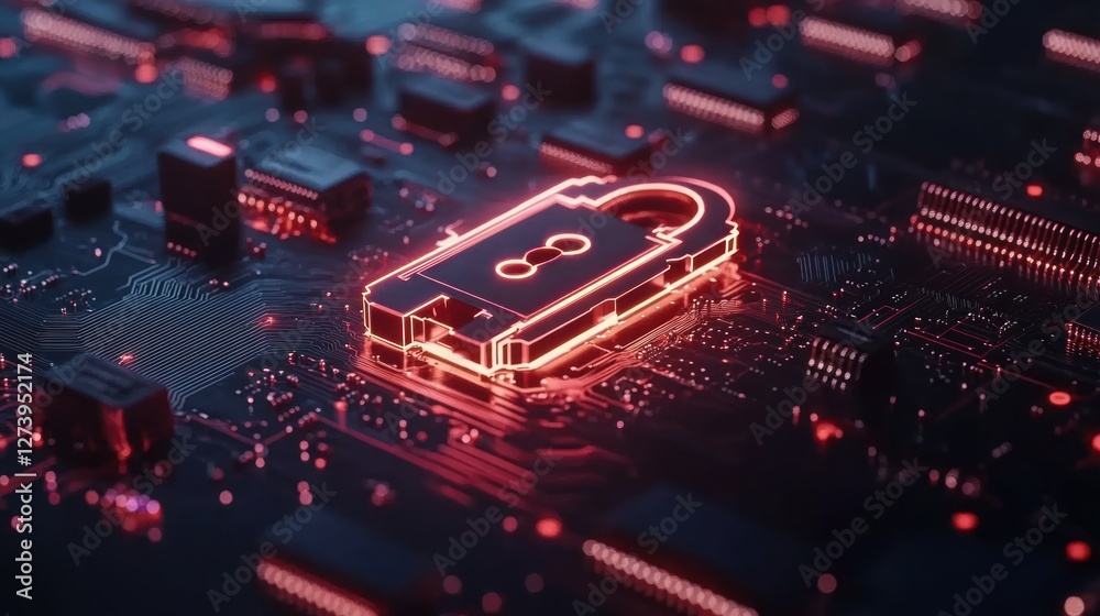 Obraz premium Glowing padlock on circuit board, cybersecurity concept. (1)