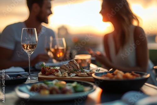 Wallpaper Mural Romantic outdoor dinner at sunset with young caucasian couple Torontodigital.ca