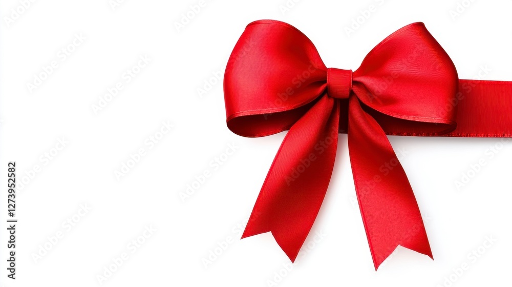 Bright Red Ribbon Bow Gracefully Placed on Pure White Background Bright Red Ribbon Bow Gracefully Placed on Pure White Background