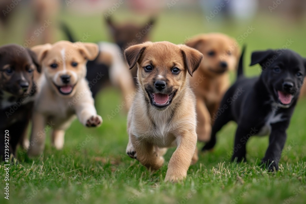 Playful puppies running on grass with joyful expressions Playful puppies running on grass with joyful expressions