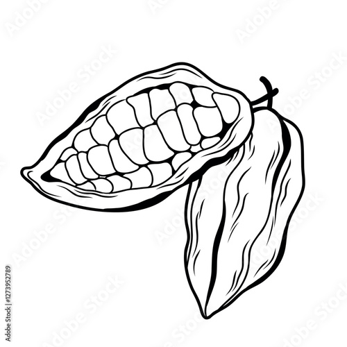 Cocoa fruit in peel, cut in half, berry pulp in line art style for packaging and fabric design