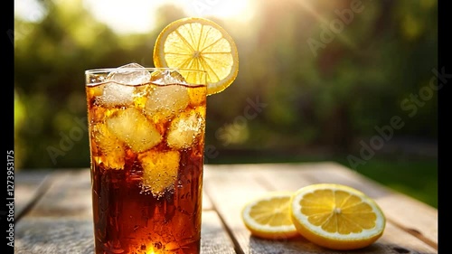 Refreshing iced tea with lemon slices on a wooden table, set against a sunny garden backdrop