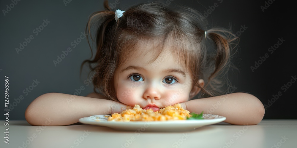 Little girl enjoys a meal with a thoughtful expression while resting her chin on her hands at home during daytime Little girl enjoys a meal with a thoughtful expression while resting her chin on her hands at home during daytime