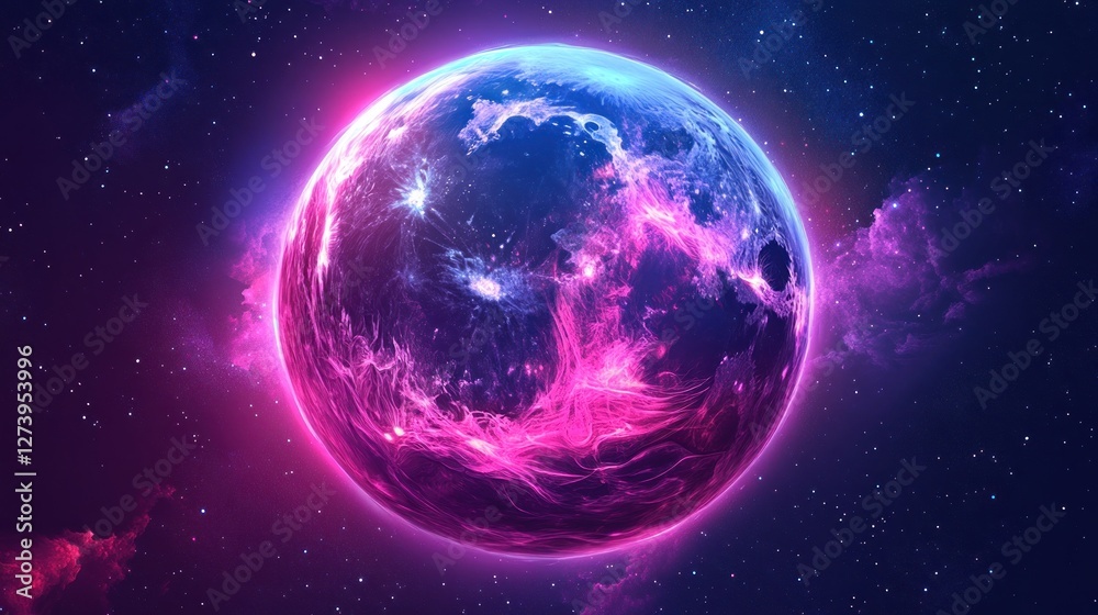 Fototapeta premium Glowing planet in vibrant pink and blue nebula.