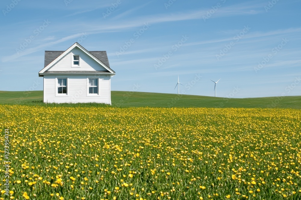 Serene white house nestled in vibrant yellow flower field under a clear blue sky with distant windmills creating a peaceful rural scene Serene white house nestled in vibrant yellow flower field under a clear blue sky with distant windmills creating a peaceful rural scene