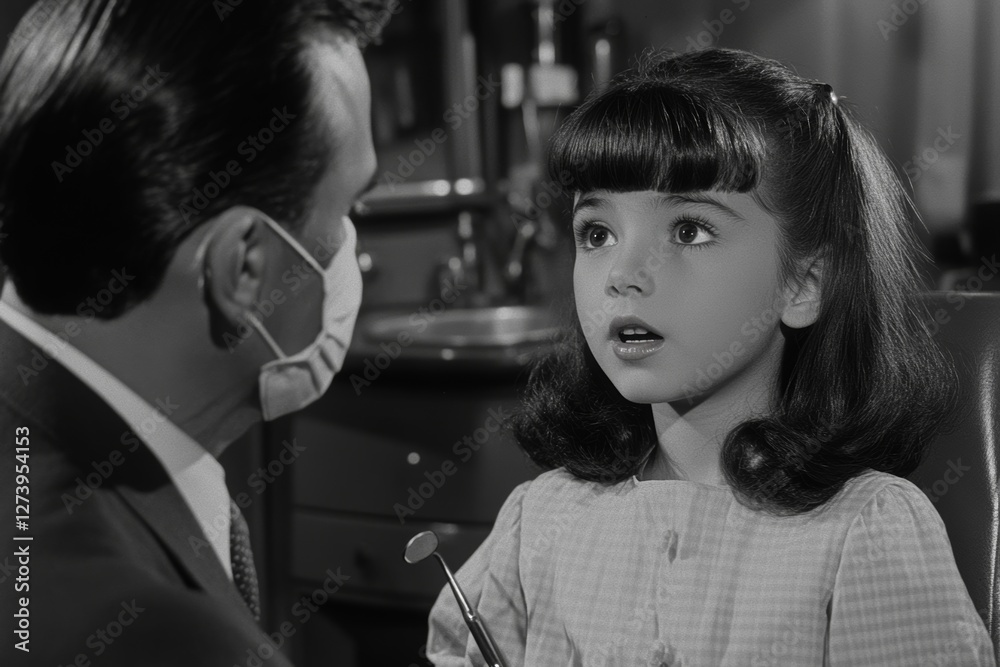 Naklejka premium Little girl taking care of her teeth, sitting in chair while male dentist orthodontist in mask examining dental cavity