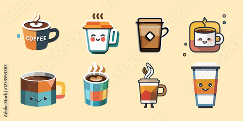 Sets icon collection of eight cute, cartoon style coffee cups with different designs and expressions on a light beige background.