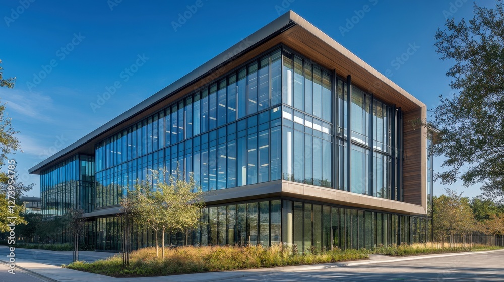 Modern glass office building surrounded by trees under clear blue sky Modern glass office building surrounded by trees under clear blue sky