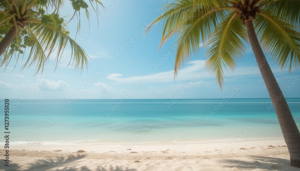 Serene tropical beach with palm trees and turquoise water creating a relaxing vacation atmosphere Serene tropical beach with palm trees and turquoise water creating a relaxing vacation atmosphere