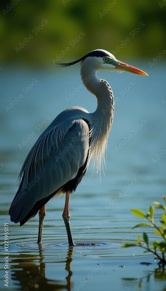 Fototapeta premium Wide-angle shot of white faced heron in its habitat, lake, serene, habitat