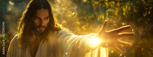 Jesus Christ with his hand outstretched, bathed in golden light
