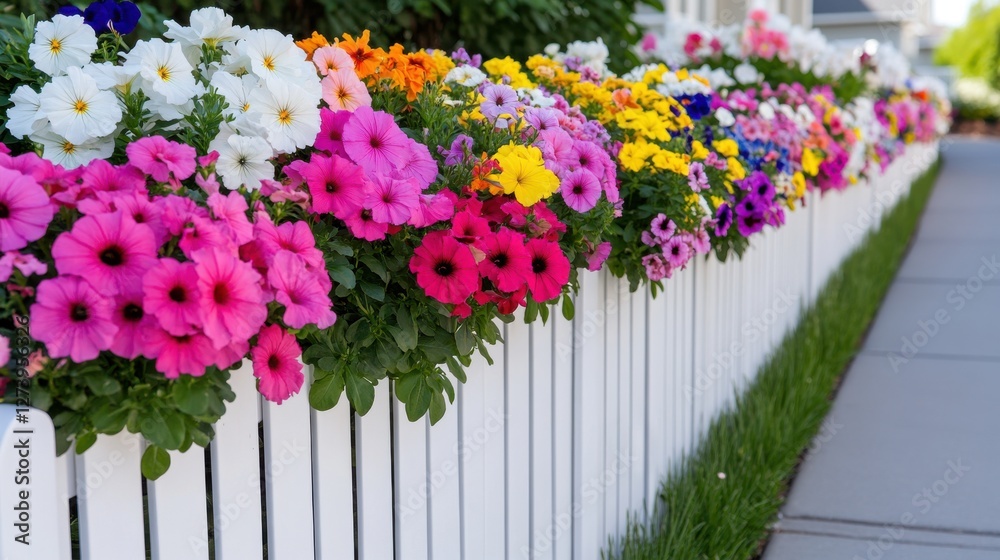 Fototapeta premium Vibrant petunias and daisies adorning a white fence in a sunny garden setting