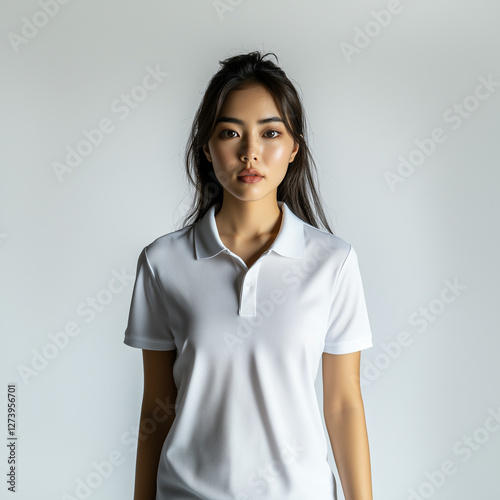 White Polo Shirt Mockup – Young Woman, Studio Shot, Front View