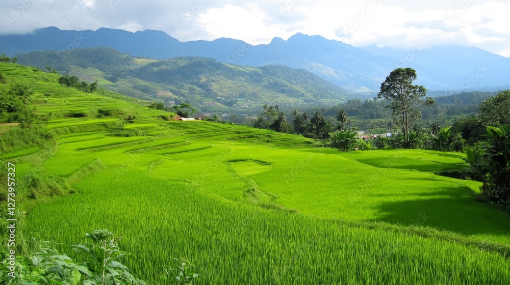 Fototapeta premium Lush Green Rice Terraces Under a Bright Sky with Mountains in the Background