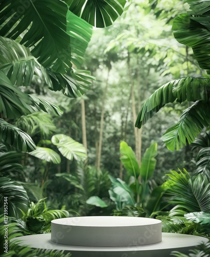 Tropical Greenery Podium for Product Presentation – Natural Mockup Background with Lush Leaves and Copy Space for Text, vertical
