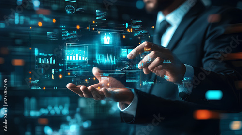 Businessman plan strategy marketing and finance to goal in planning business growth with technology AI and environmental care to New Year resolutions business. digital transformation photo