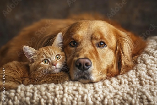 Golden retriever and tabby cat cuddling on soft blanket in cozy setting