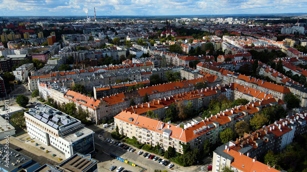 Naklejka premium Drone view of European modern city Wroclaw Poland