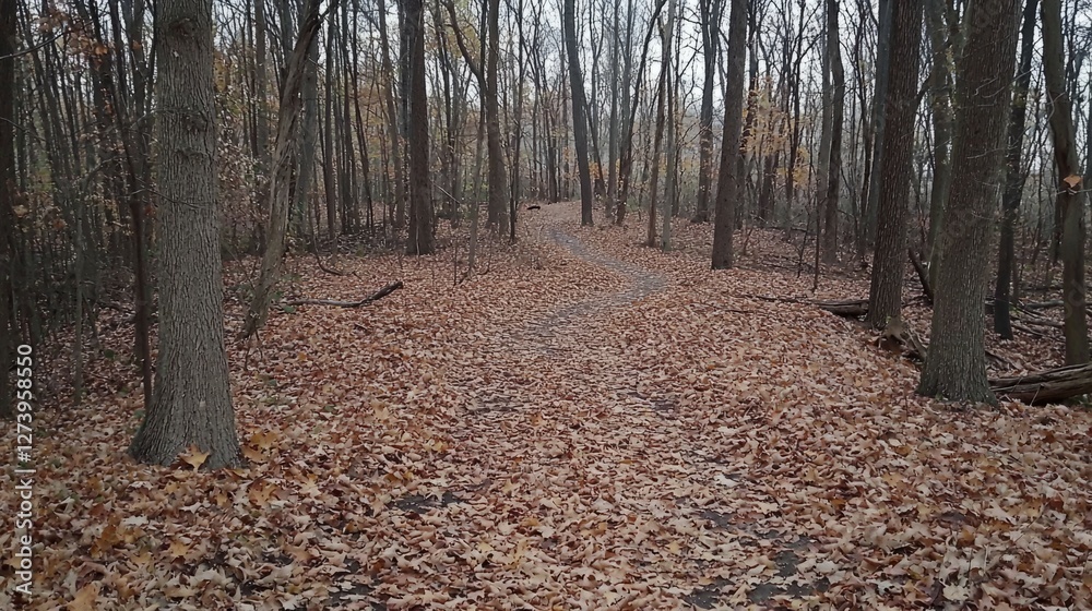 Leaf-Covered Trail Through Bare Trees in Autumn Forest Scene Leaf-Covered Trail Through Bare Trees in Autumn Forest Scene