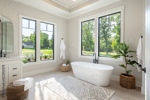 Serene bathroom retreat with soaking tub black framed windows and lush green view creating a spa like atmosphere with natural light and modern design