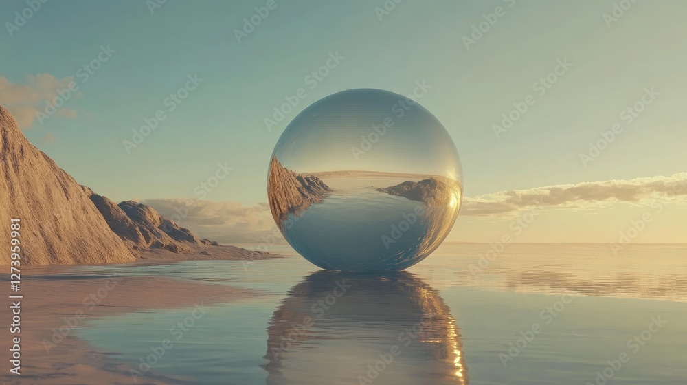 Reflective Sphere on a Calm Seashore near Mountains Reflective Sphere on a Calm Seashore near Mountains
