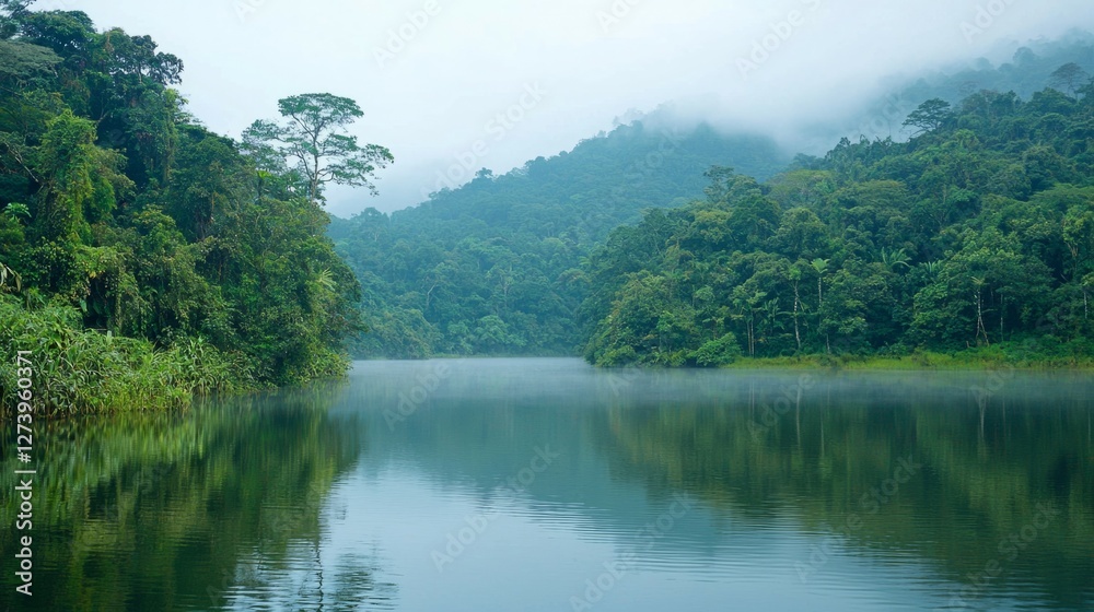 Serene Misty Lake Surrounded by Lush Green Forest in Rainforest Serene Misty Lake Surrounded by Lush Green Forest in Rainforest