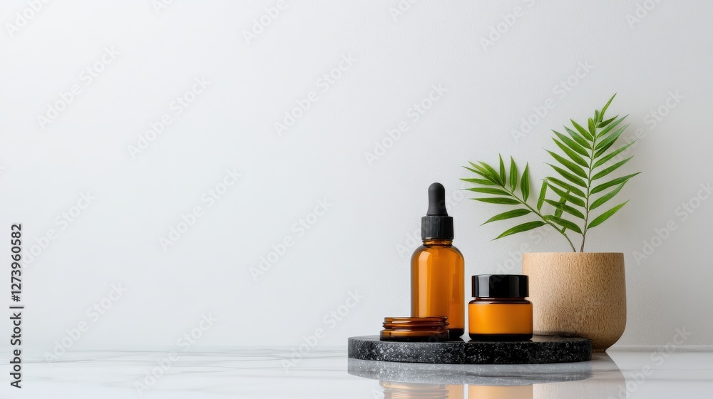 Natural skincare set with amber bottles and green plant on marble surface